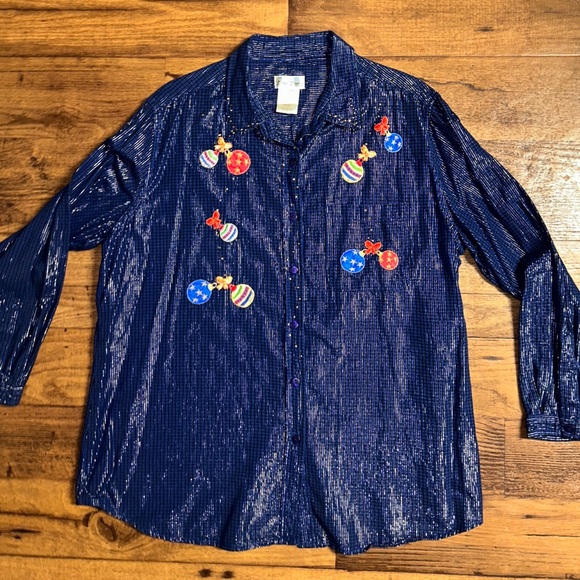 Bobbie Brooks • 18W/20W • Blue • Silver Metallic • Christmas Ornaments • Blouse - Picture 3 of 10